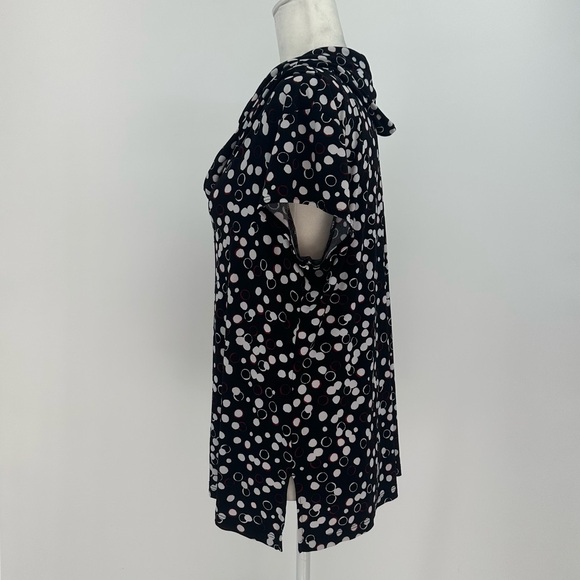 CHICO'S Size 3 Liquid Knit Drape Cowl Neck Top Cap Sleeves Black White Dots Red - Picture 2 of 8